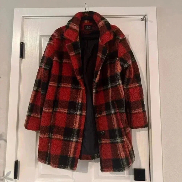 LOVE TREE BURNED ORANGE PLAID TEDDY SHERPA COAT - Picture 1 of 7